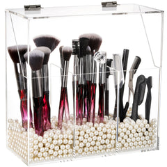 Okllen makeup brush holder with dustproof lid keeps brushes protected and organized.