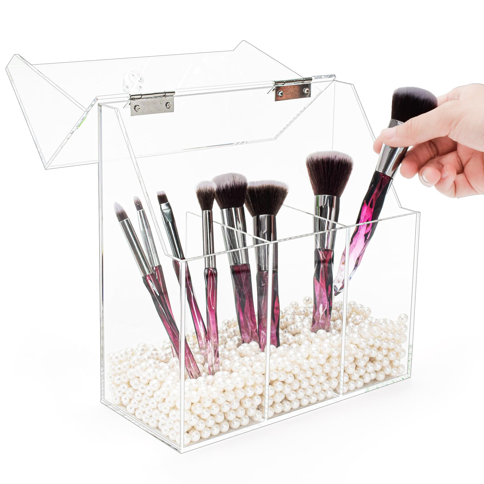 Okllen white pearls inside organizer help brushes stand upright and neat.