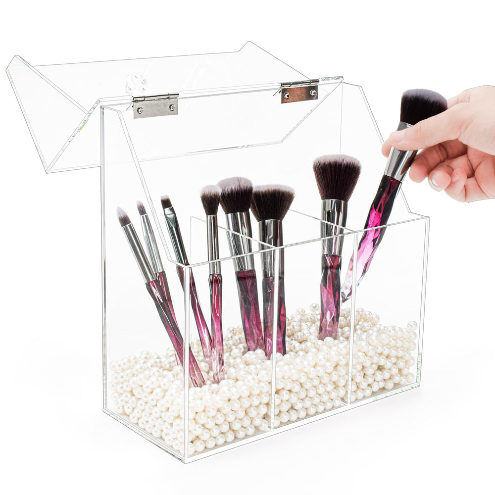 Okllen white pearls inside organizer help brushes stand upright and neat.