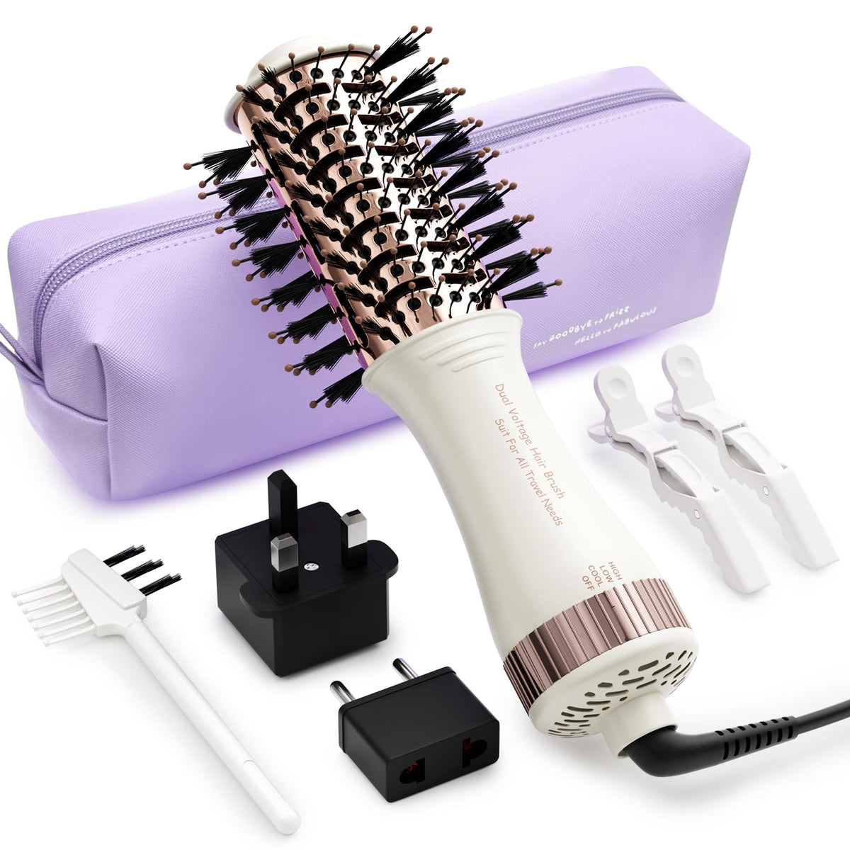 Olaermoso travel dual-voltage hair dryer brush front view, compact for packing.