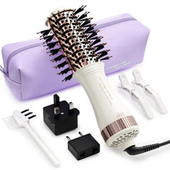 Olaermoso travel dual-voltage hair dryer brush front view, compact for packing.
