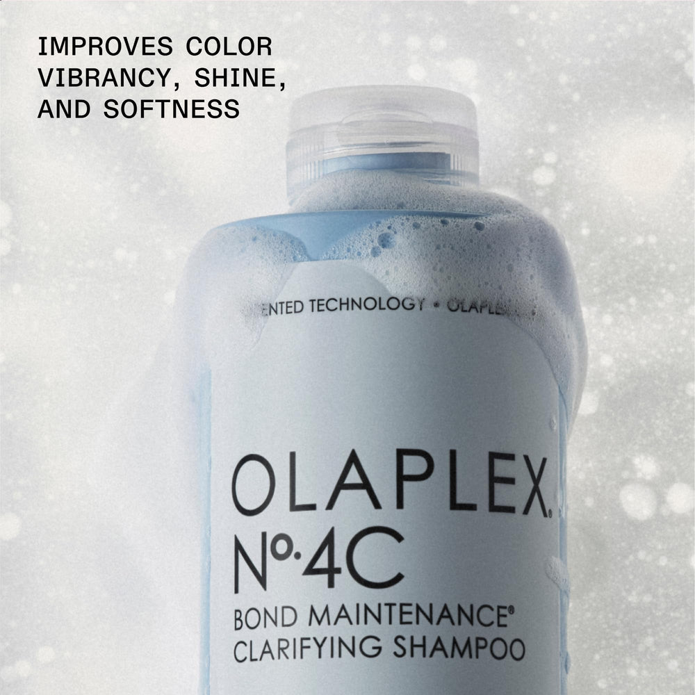 Olaplex 4C label closeup highlights a color safe clarifier for mineral removal.