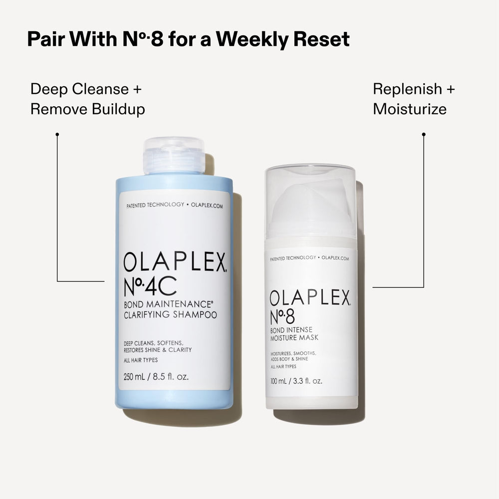 Olaplex 4C bottle vibrant-hair image suggests rejuvenated shine after clarifying.