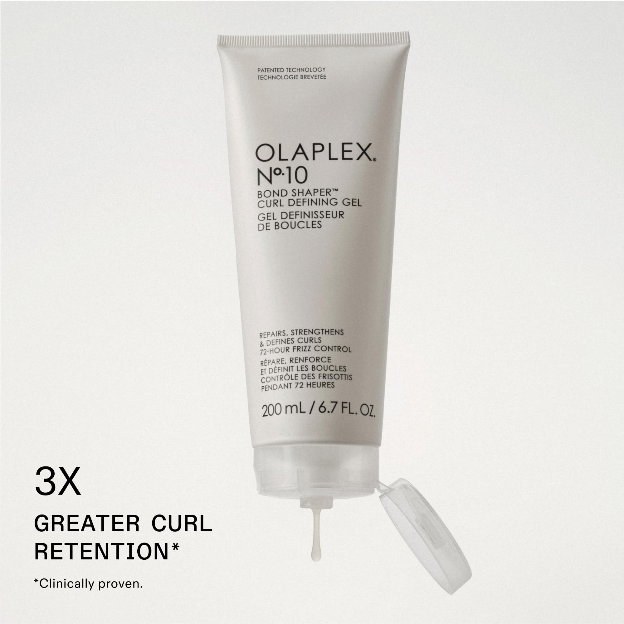 Olaplex No.10 curl-defining gel close-up emphasizes flexible hold and natural bounce.