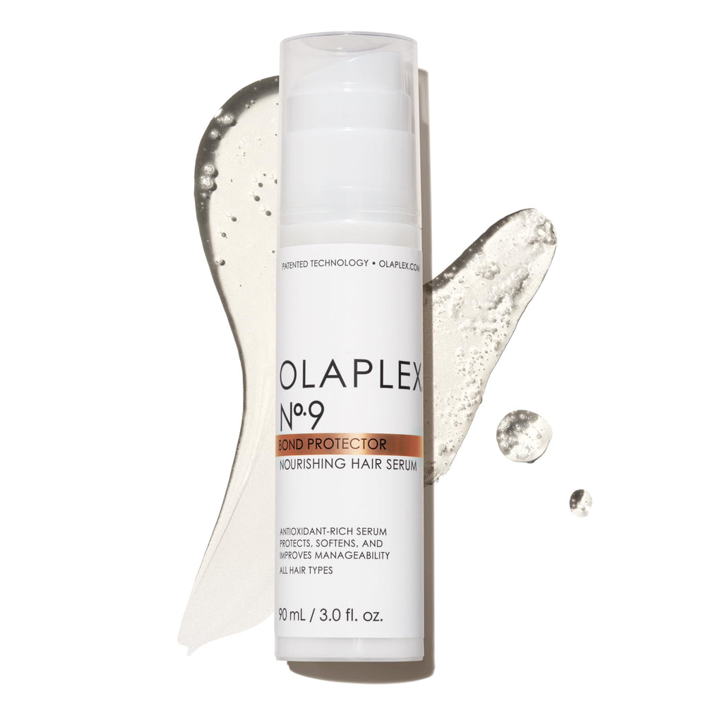 Olaplex No. 9 bond protector serum bottle pouring for smooth tangles and shine.