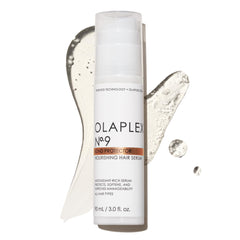 Olaplex No. 9 bond protector serum bottle pouring for smooth tangles and shine.