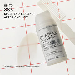 Olaplex No.5 Leave-In application scene shows detangled, frizz-controlled hair