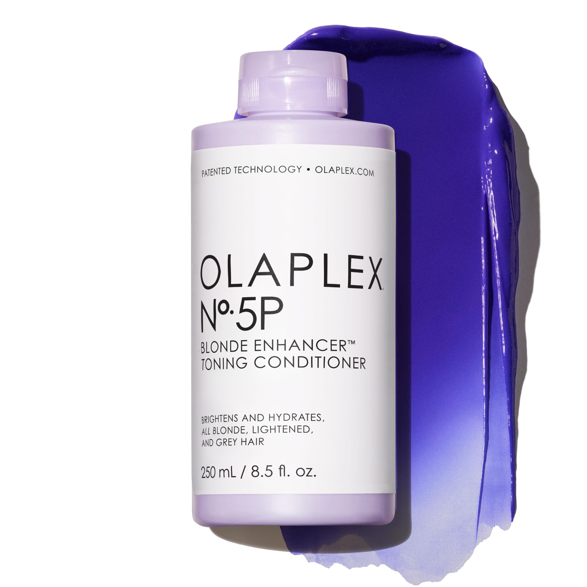 Olaplex No.5P bottle with purple toner for brassy hair neutralization and conditioning.