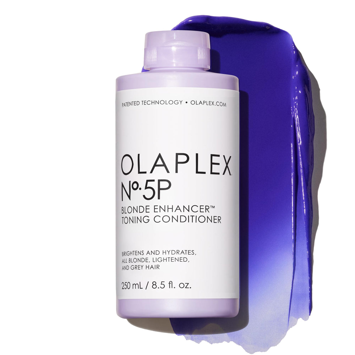 Olaplex No.5P bottle with purple toner for brassy hair neutralization and conditioning.