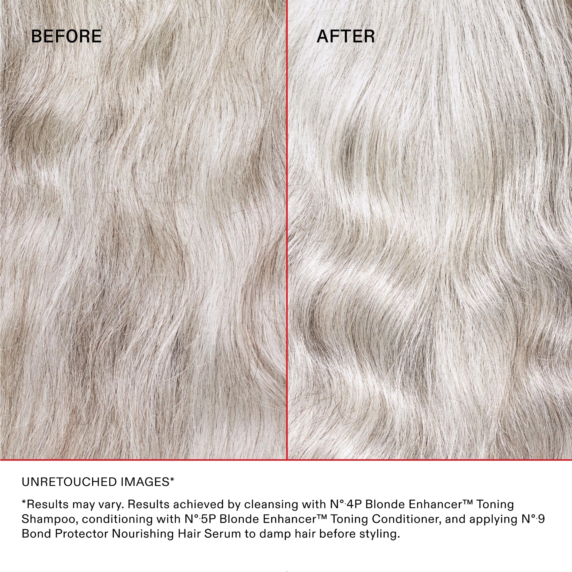 Olaplex No.5P hair swatch demonstrating brassy reduction and brightness.