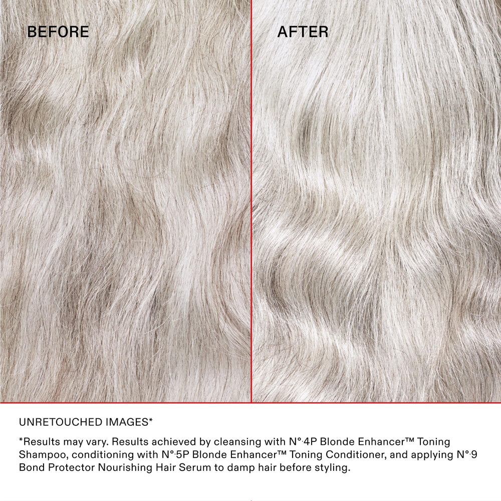 Olaplex No.5P hair swatch demonstrating brassy reduction and brightness.