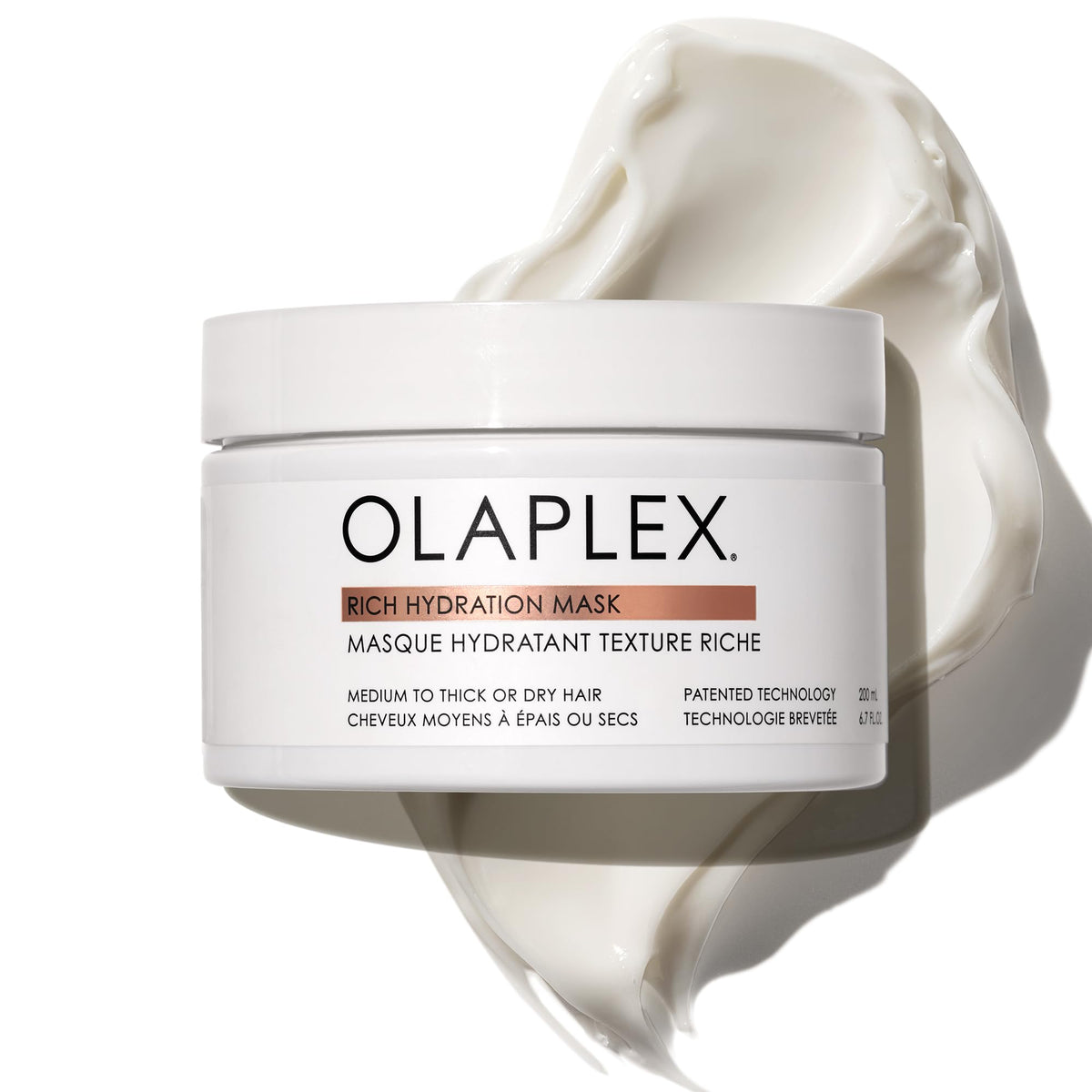 Olaplex Rich Hydration Mask bottle close-up showing cuticle sealing for dry hair.