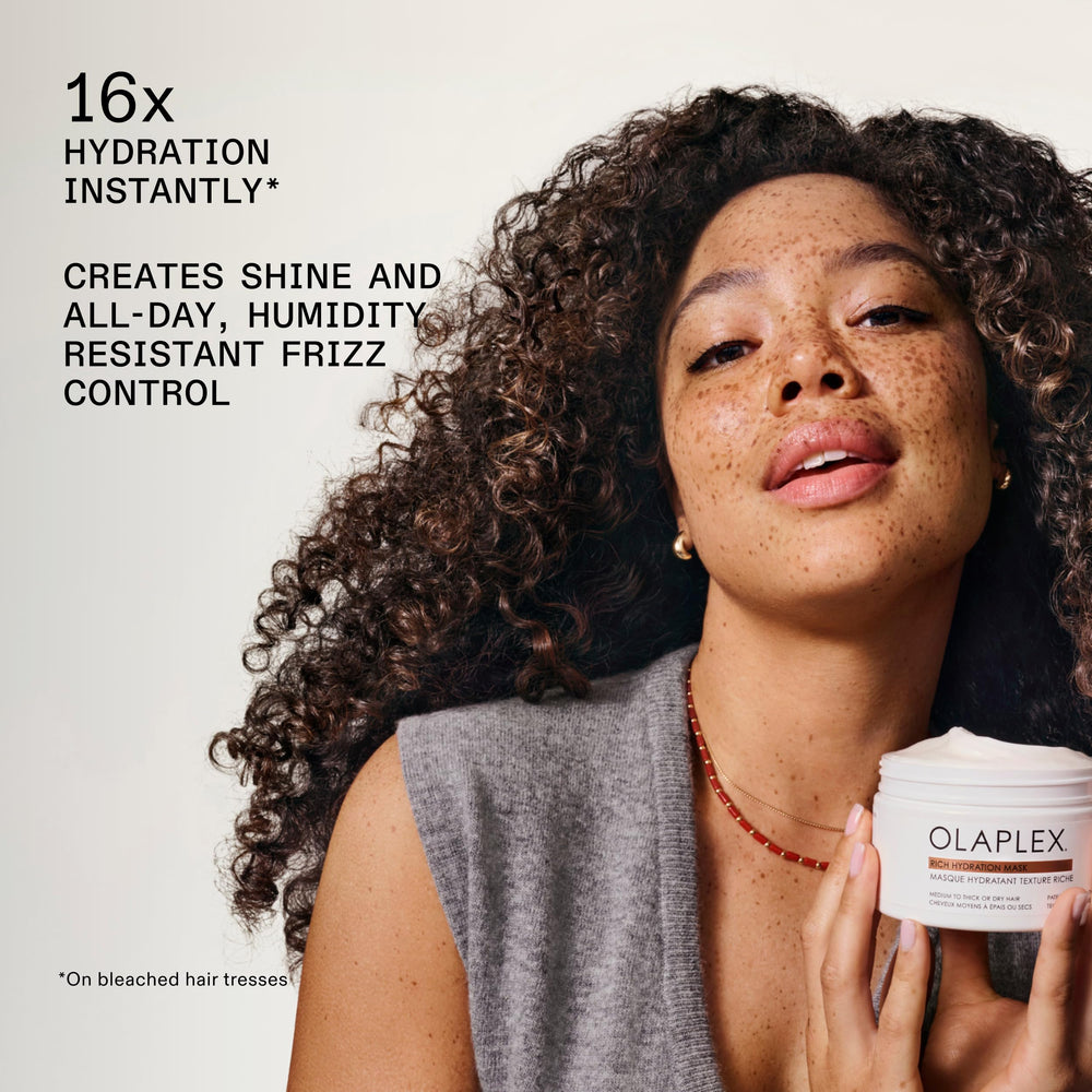 Olaplex Rich Hydration Mask packaging display signaling premium care for medium to coarse hair.