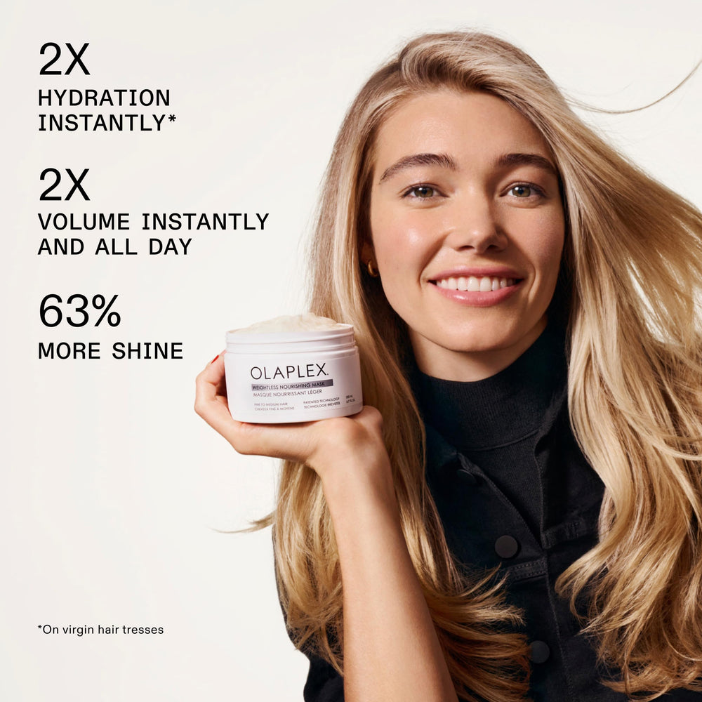 Olaplex Weightless Nourishing Mask bottle pump closeup for controlled dispensing.