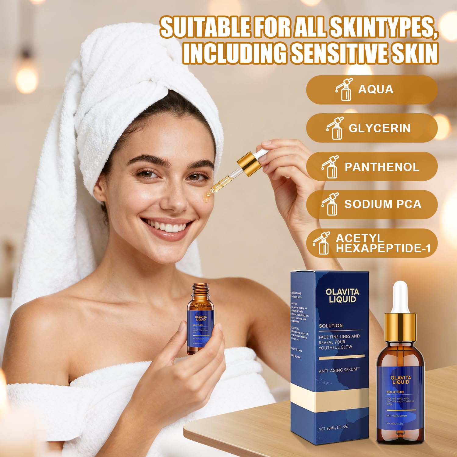 Gotero de Olavita Liquid mostrando dosificación precisa para nutrición cutánea.