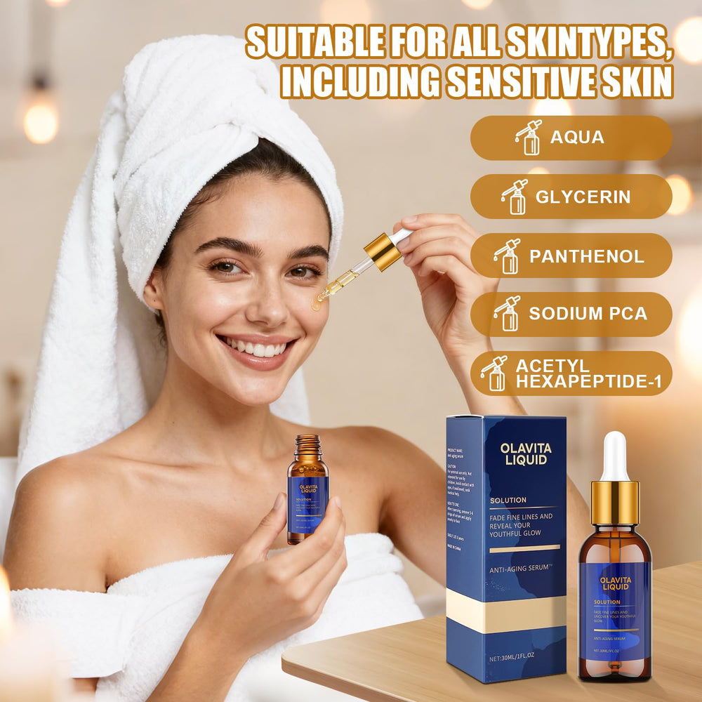 Gotero de Olavita Liquid mostrando dosificación precisa para nutrición cutánea.