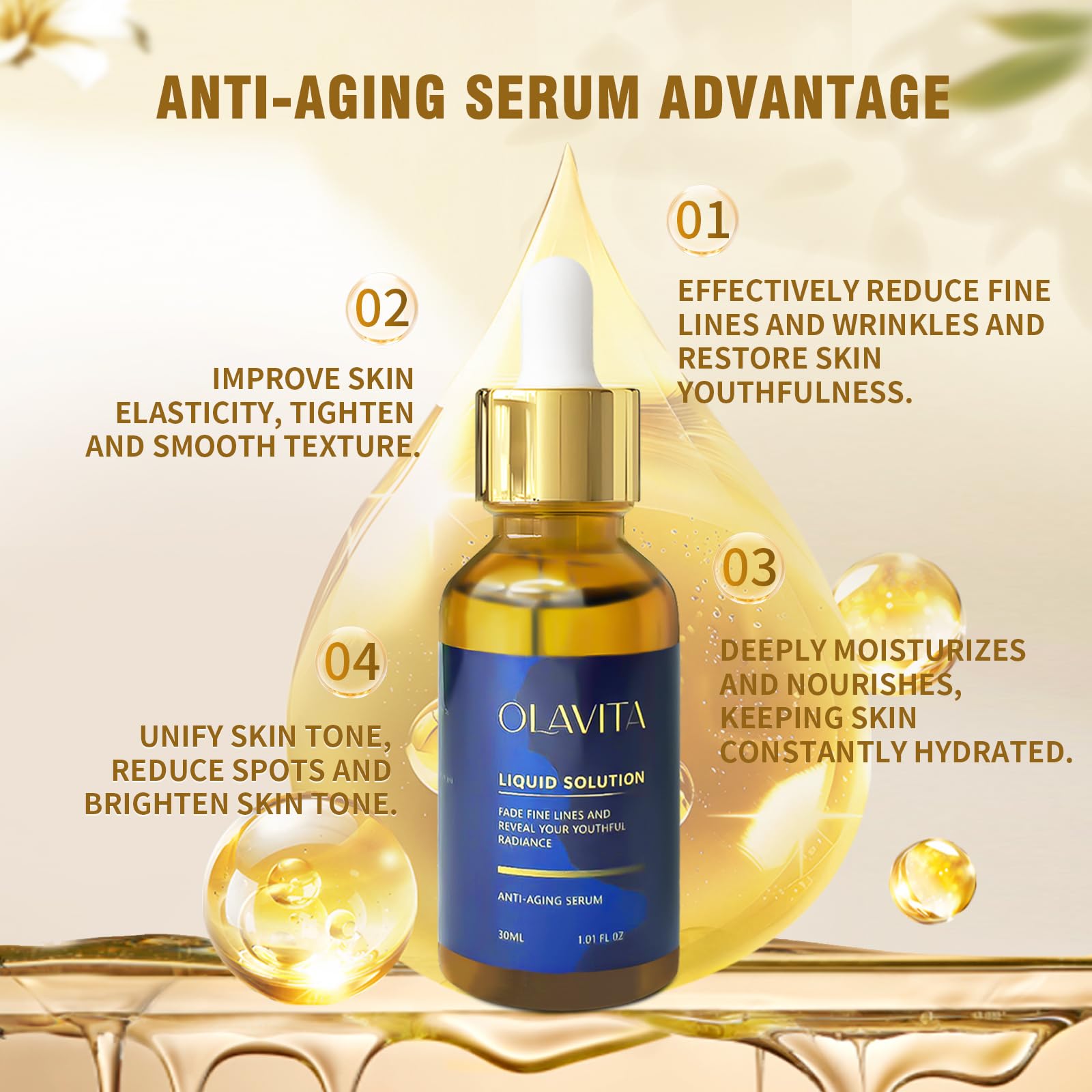 OLAVITA Serum Facial con gotero facilita aplicación precisa.