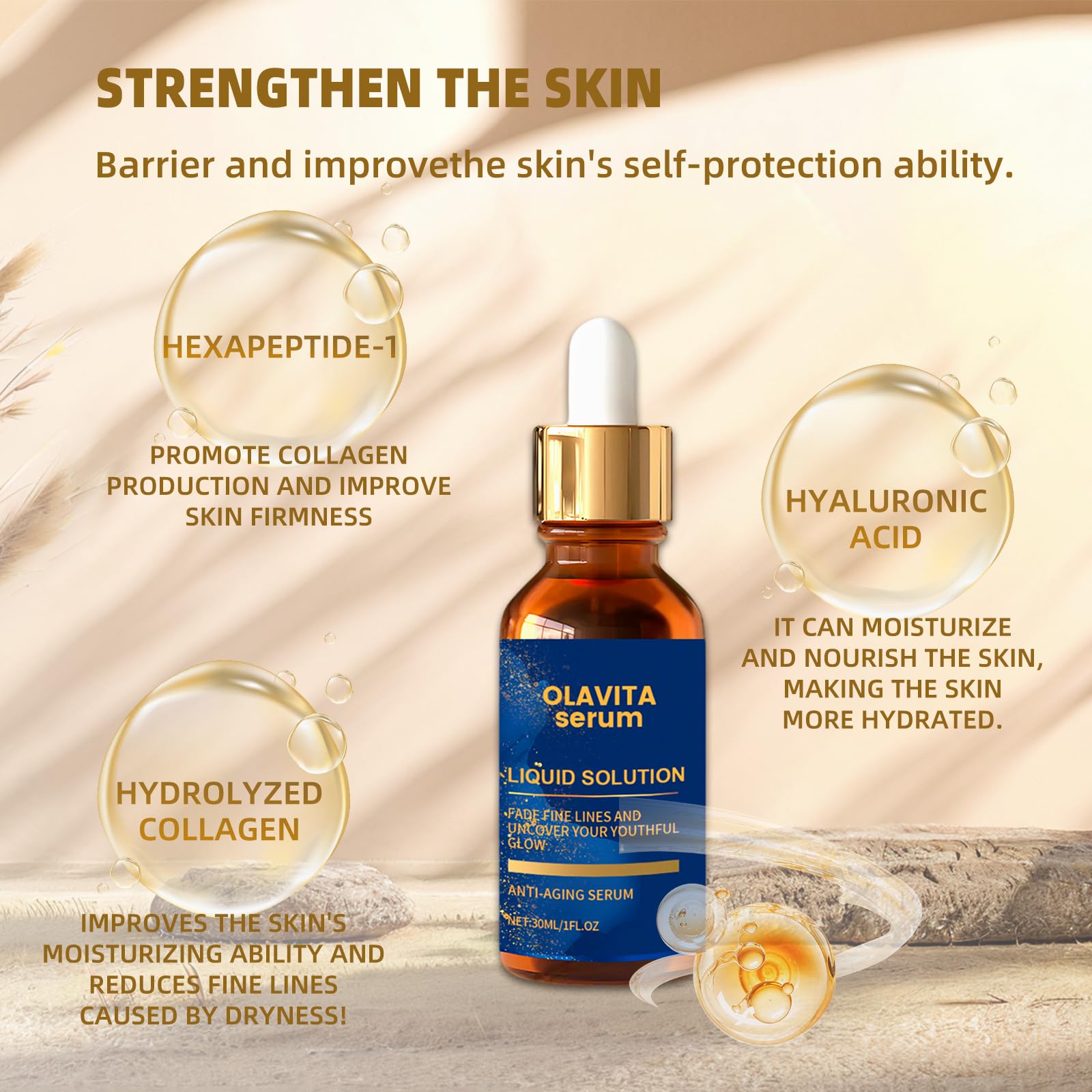 Aplicación con las manos de Olavita Serum, dos gotas para suavizar la piel.