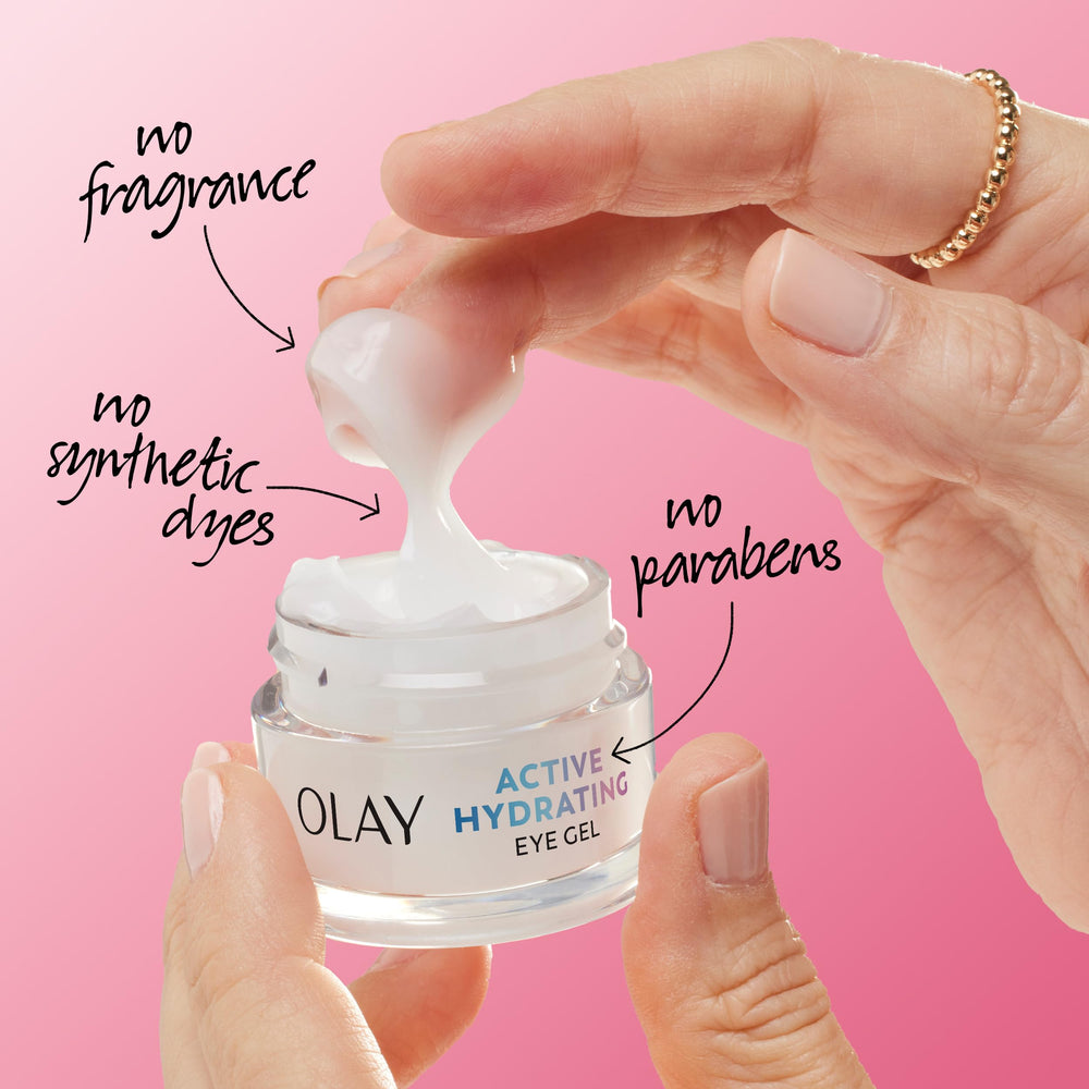 Olay Active Hydrating Eye Gel sin fragancia, ideal para piel sensible.