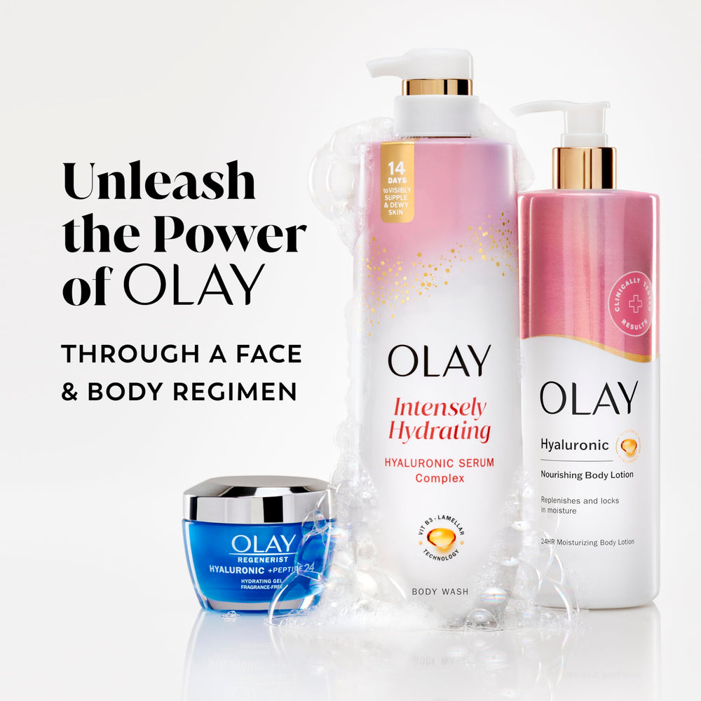 Envase ergonómico de Olay, cómodo de usar en la ducha.