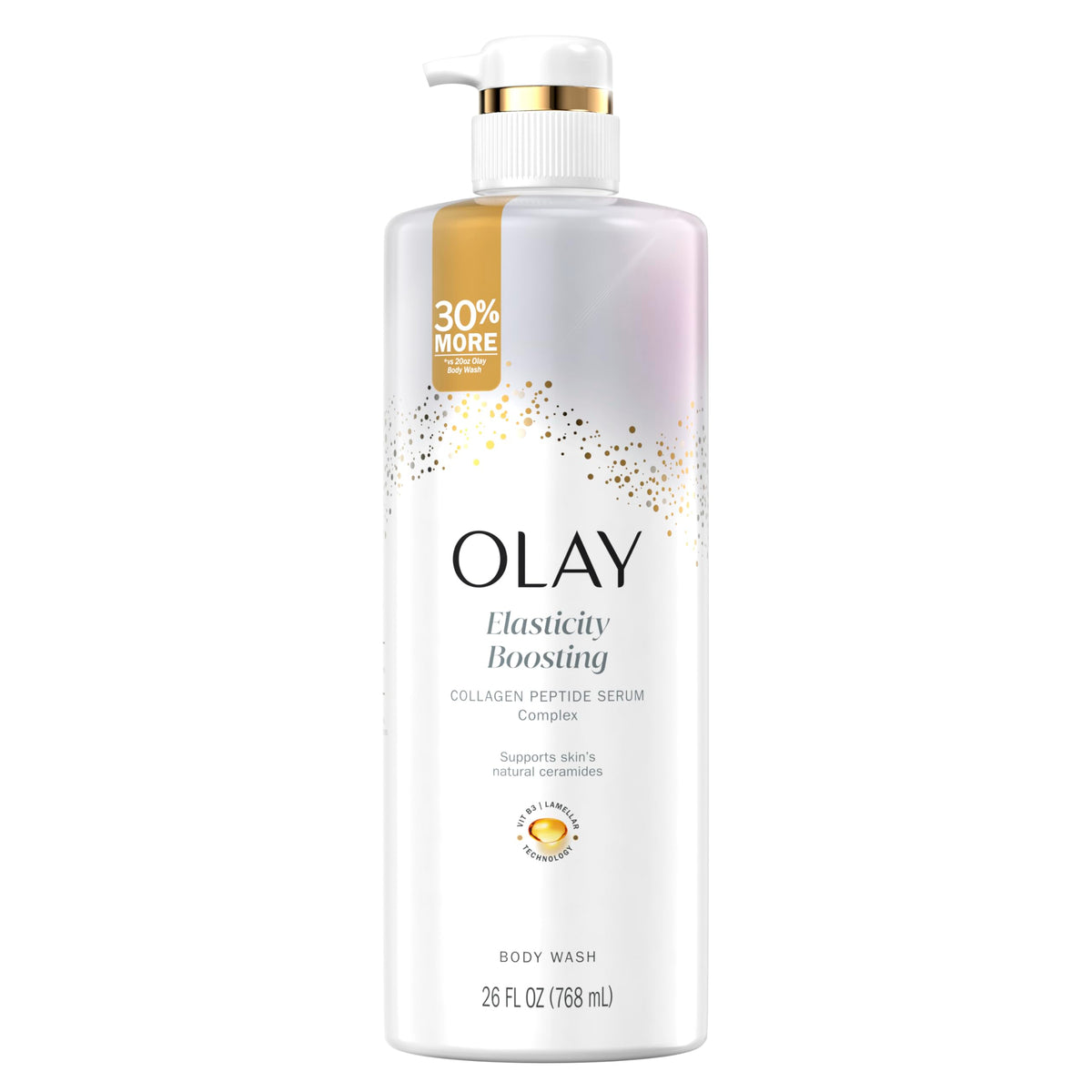 Olay Body Wash frente a la botella, hidratación y cuidado diario.