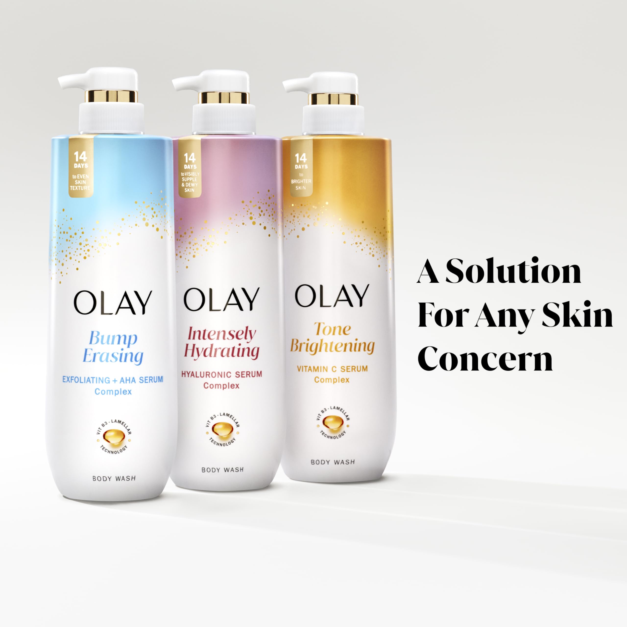 Olay body wash vitamin B3 lameller technology graphic showing advanced hydration benefits.