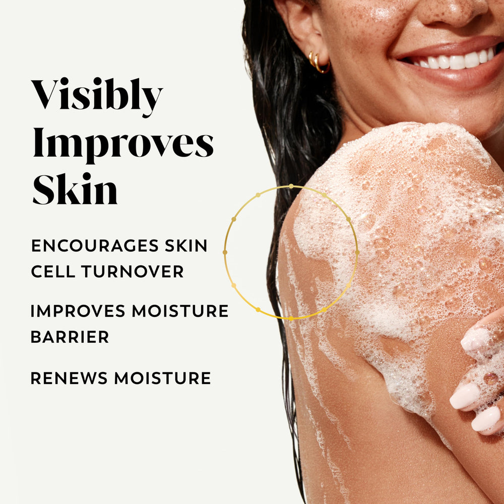 OLAY Body Wash for Women bottle with foam highlighting hyaluronic acid serum complex.