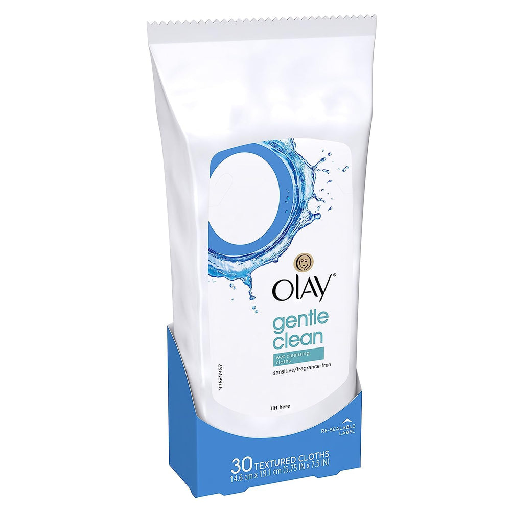 Olay Cleanse Gentle Cloths fragrance-free label emphasizing sensitive skin.