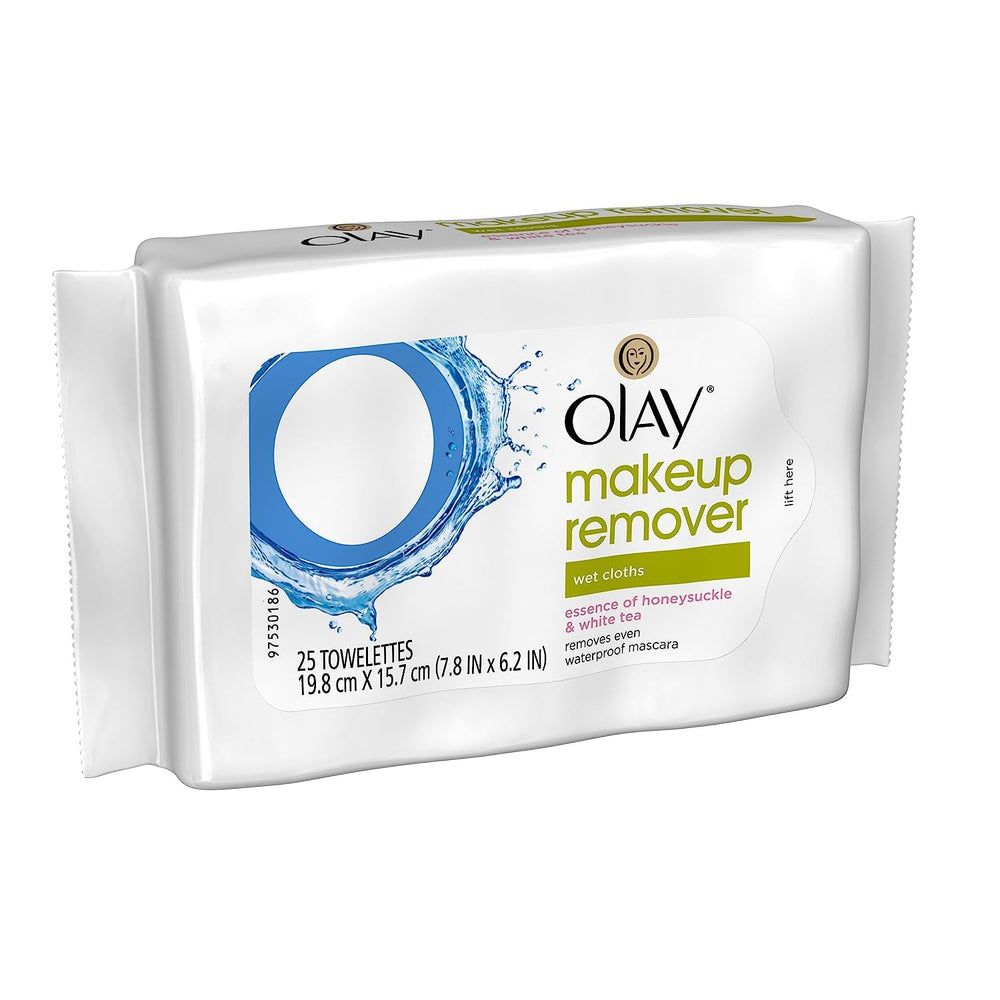 Olay Cleanse Makeup Remover Wipes rose water waterproof mascara removal close-up.