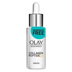 Olay Collagen Peptide 24 serum being applied, fragrance-free and quick-absorbing.