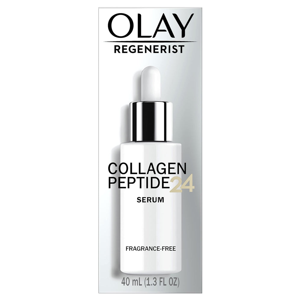 Olay Collagen Peptide 24 serum bottle for daily hydration and visible firmness.