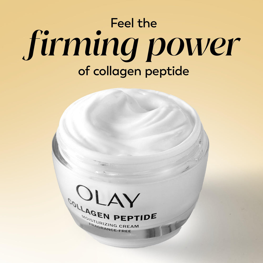 OLAY Collagen Peptide Cream on bathroom counter under soft lighting.