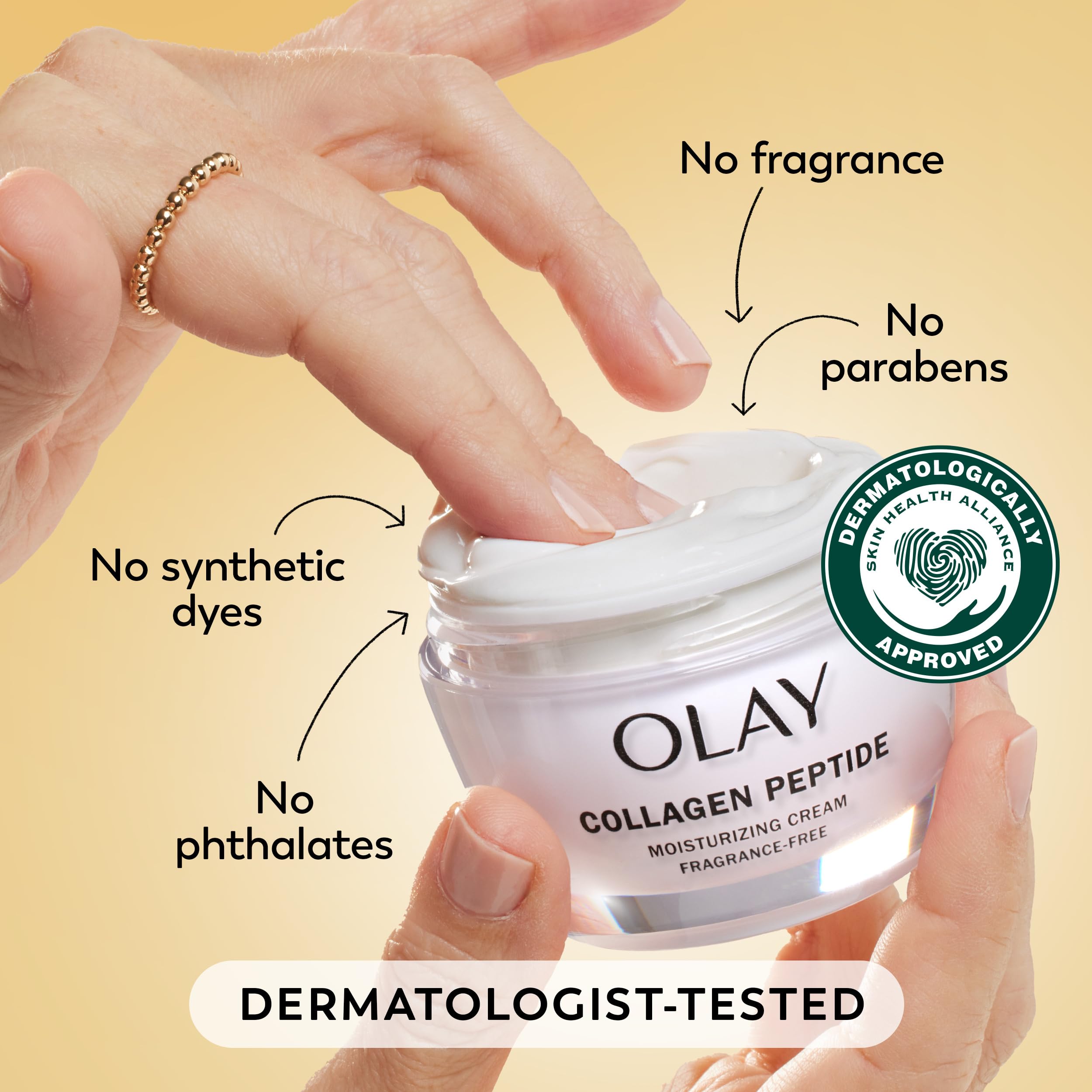 OLAY Collagen Peptide Cream on face during morning routine for hydration.