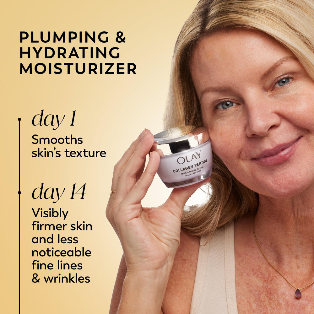 OLAY Collagen Peptide Cream swirl on hand showing non-greasy texture.