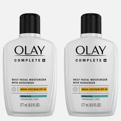 OLAY Complete SPF 40 bottle close-up highlighting lightweight, no white cast formula.