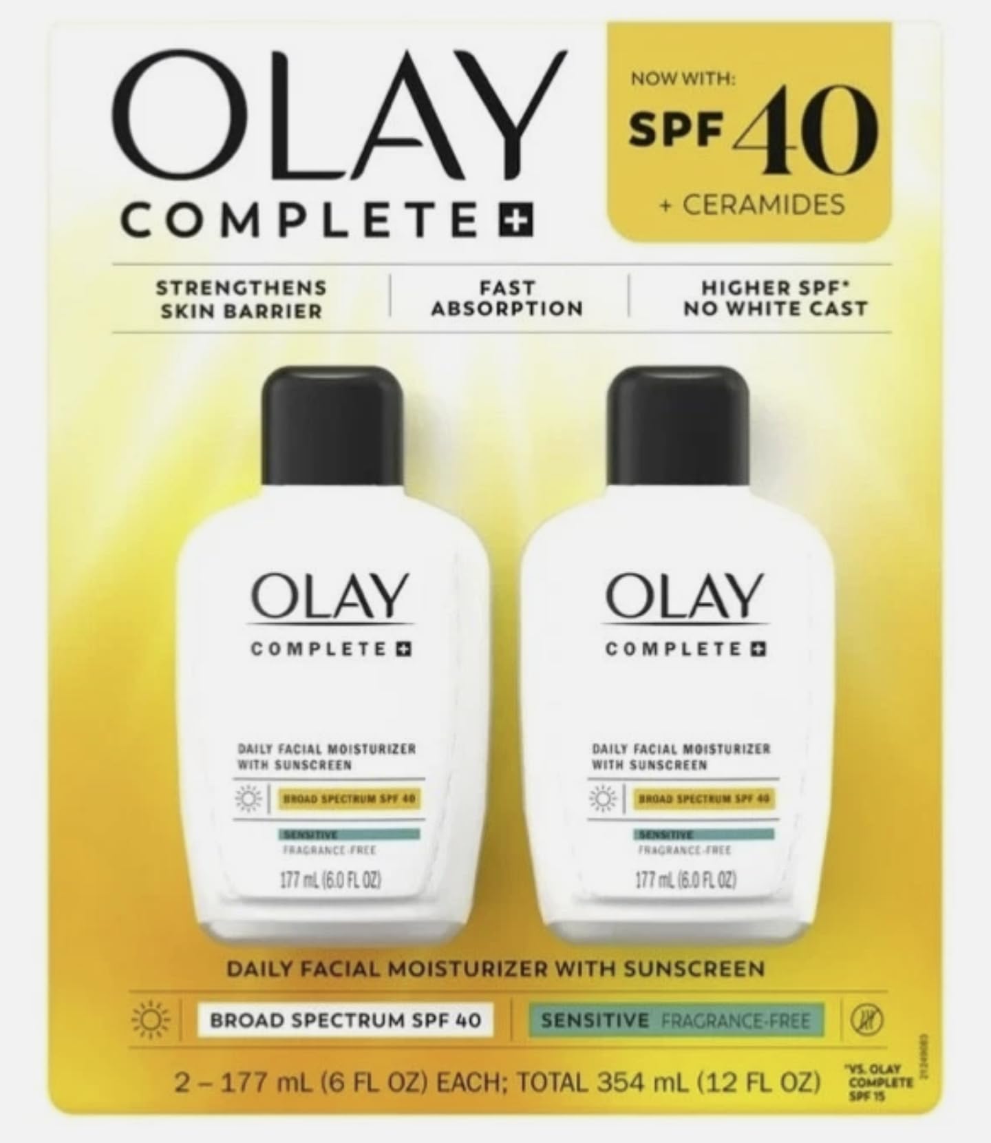 OLAY Complete daily moisturizer SPF 40 bottle shown for daily sun protection and hydration.
