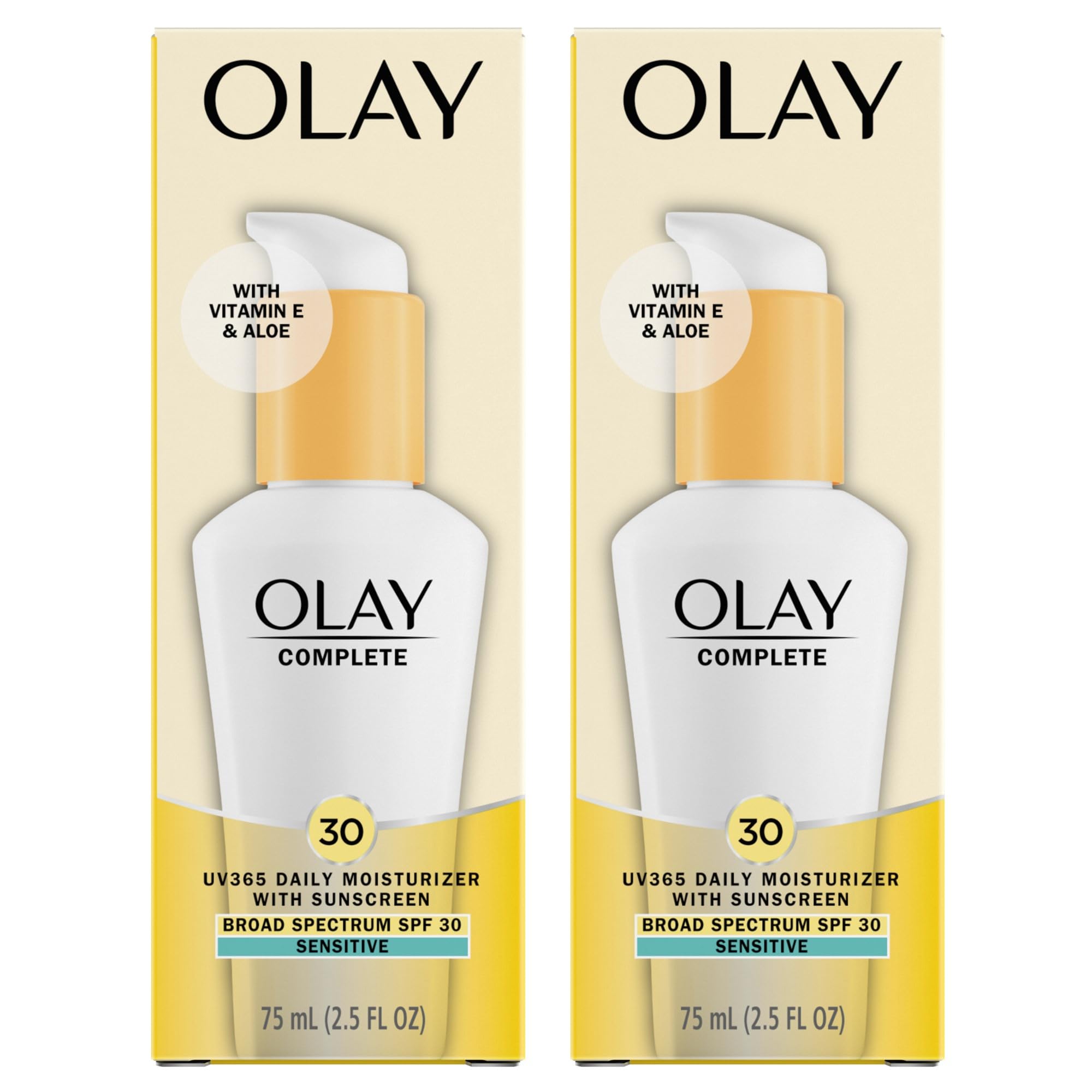 Olay Complete SPF 30 moisturizer bottle highlighting fragrance-free sun protection for sensitive skin.