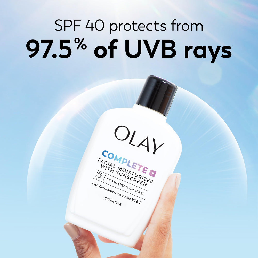 Olay Complete+ ceramides niacinamide vitamin E closeup highlights barrier support
