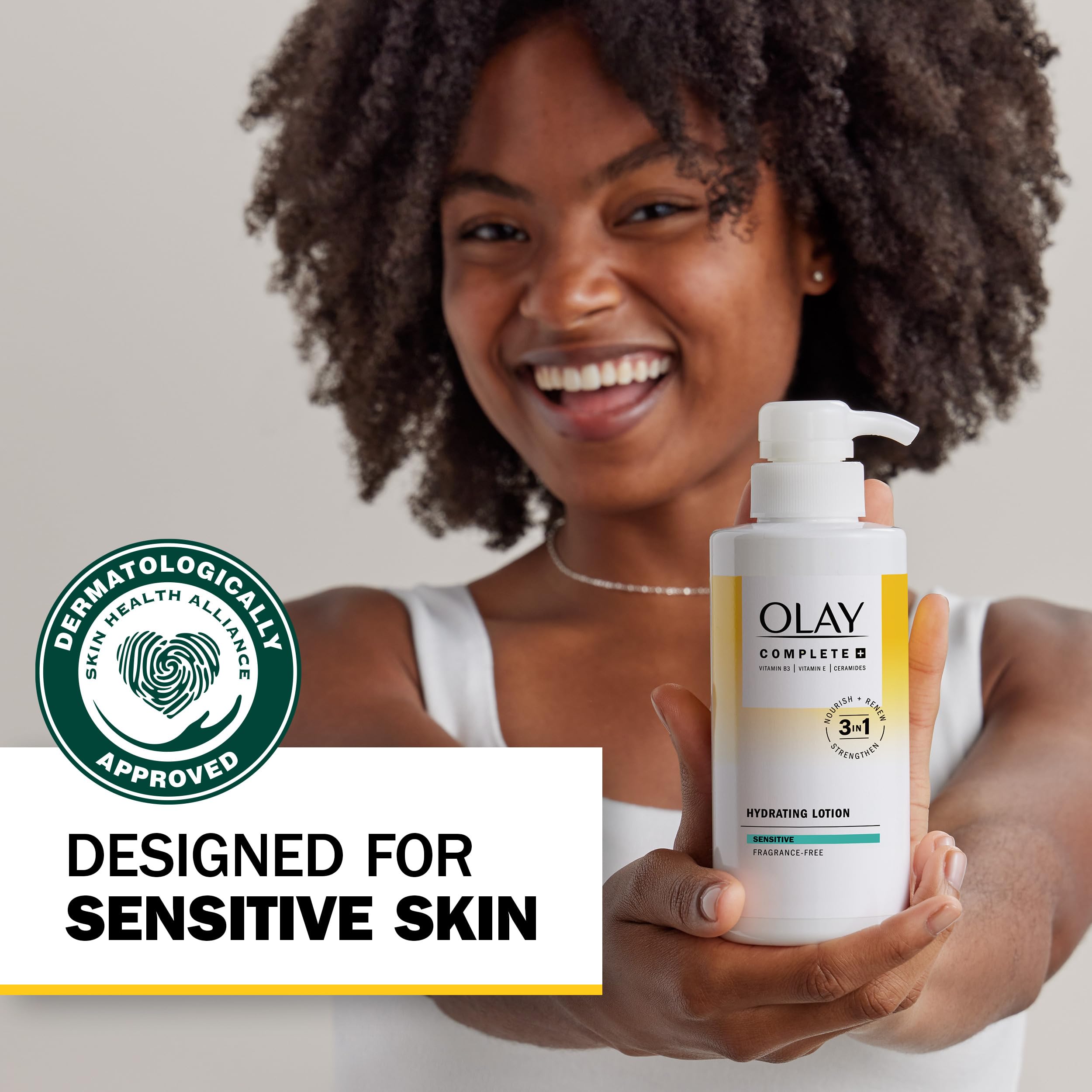Fórmula suave de Olay Complete+ para piel sensible, uso diario recomendado.