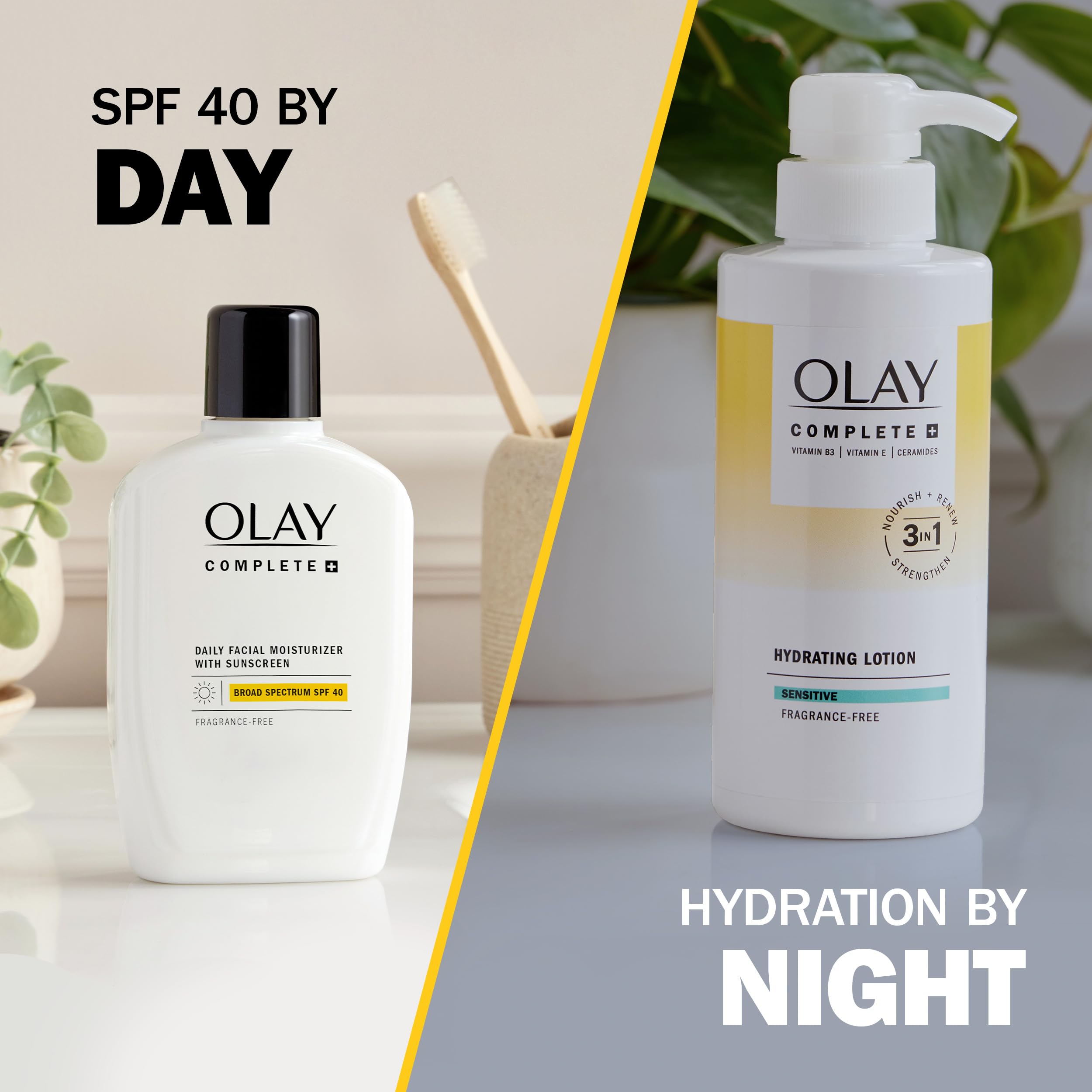 Vitamina B3, vitamina E y ceramidas en Olay Complete+ para nutrición de la piel.