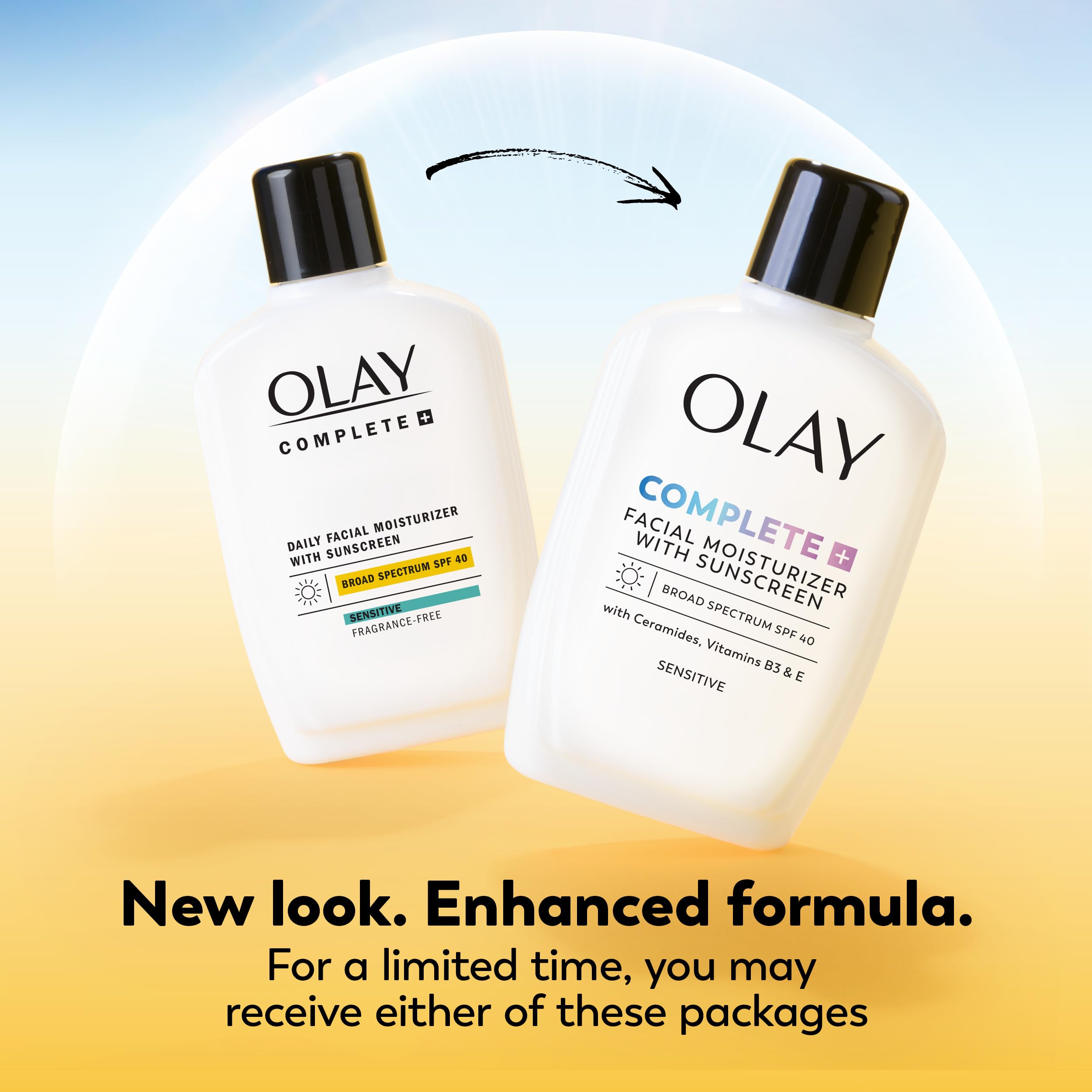 Olay Complete+ label closeup on fragrance-free sensitive skin formula
