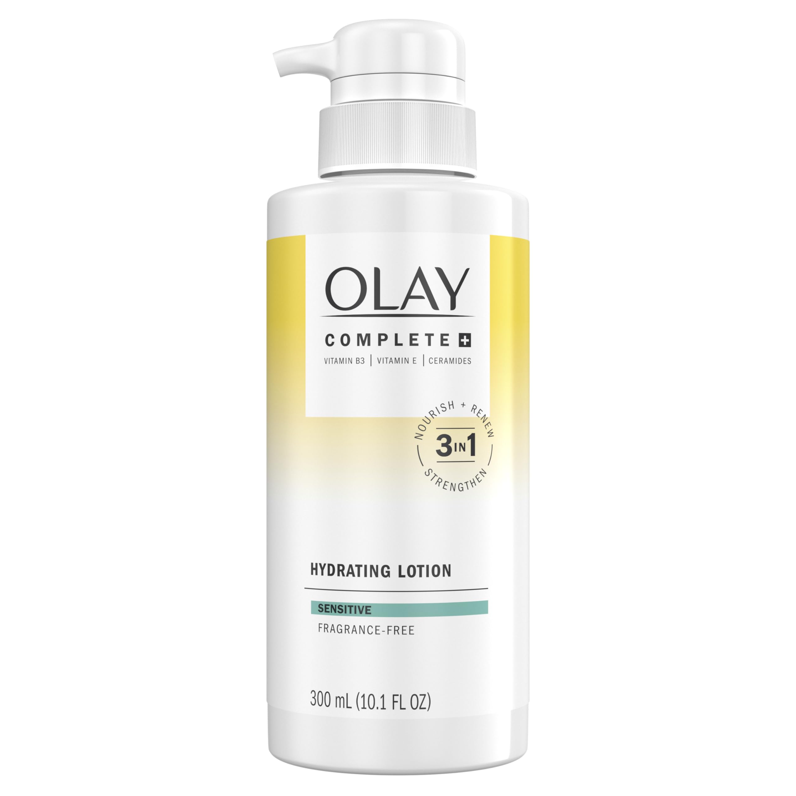 Olay Complete+ loción sin fragancia en frasco, hidratación diaria para todo tipo de piel.