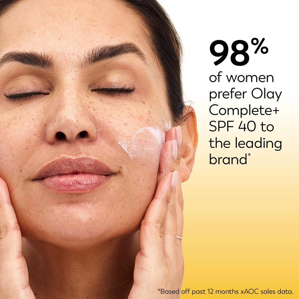 Olay Complete+ SPF40 application swirl demonstrates lightweight sunscreen texture