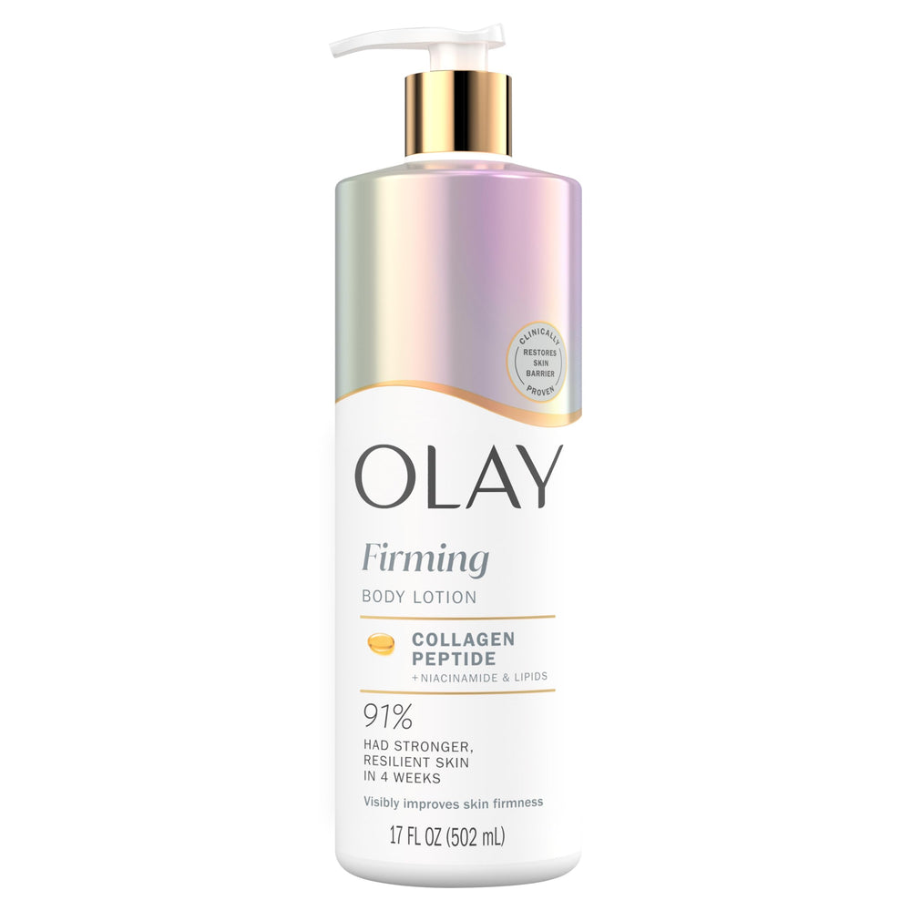 Olay crema corporal firmante con peptidos de colágeno, enfoque en firmeza y hidratación suave.