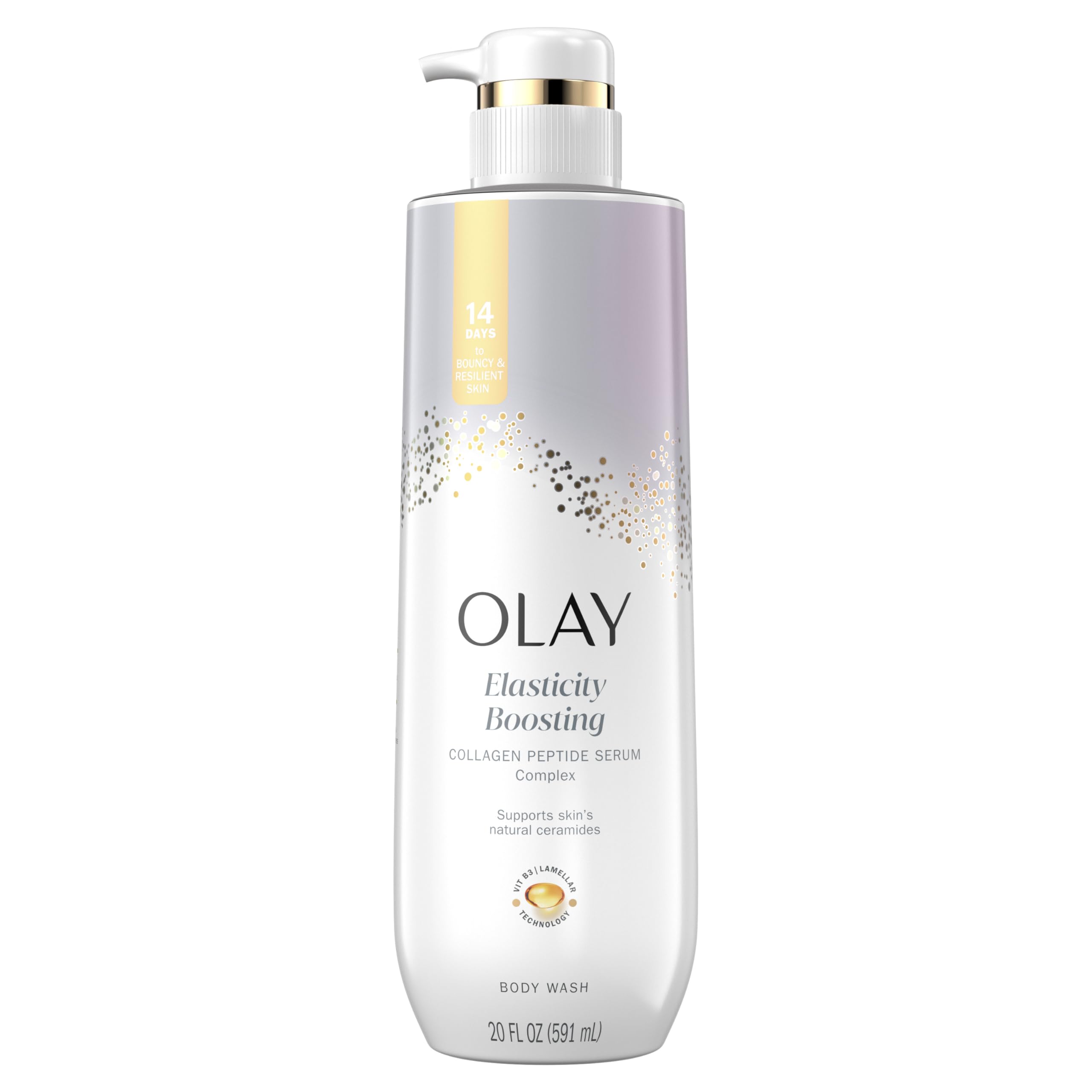 Olay Cuidado Corporal: botella vertiendo para limpieza lujosa y suave