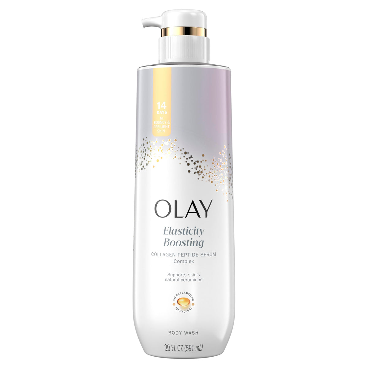 Olay Cuidado Corporal: botella vertiendo para limpieza lujosa y suave
