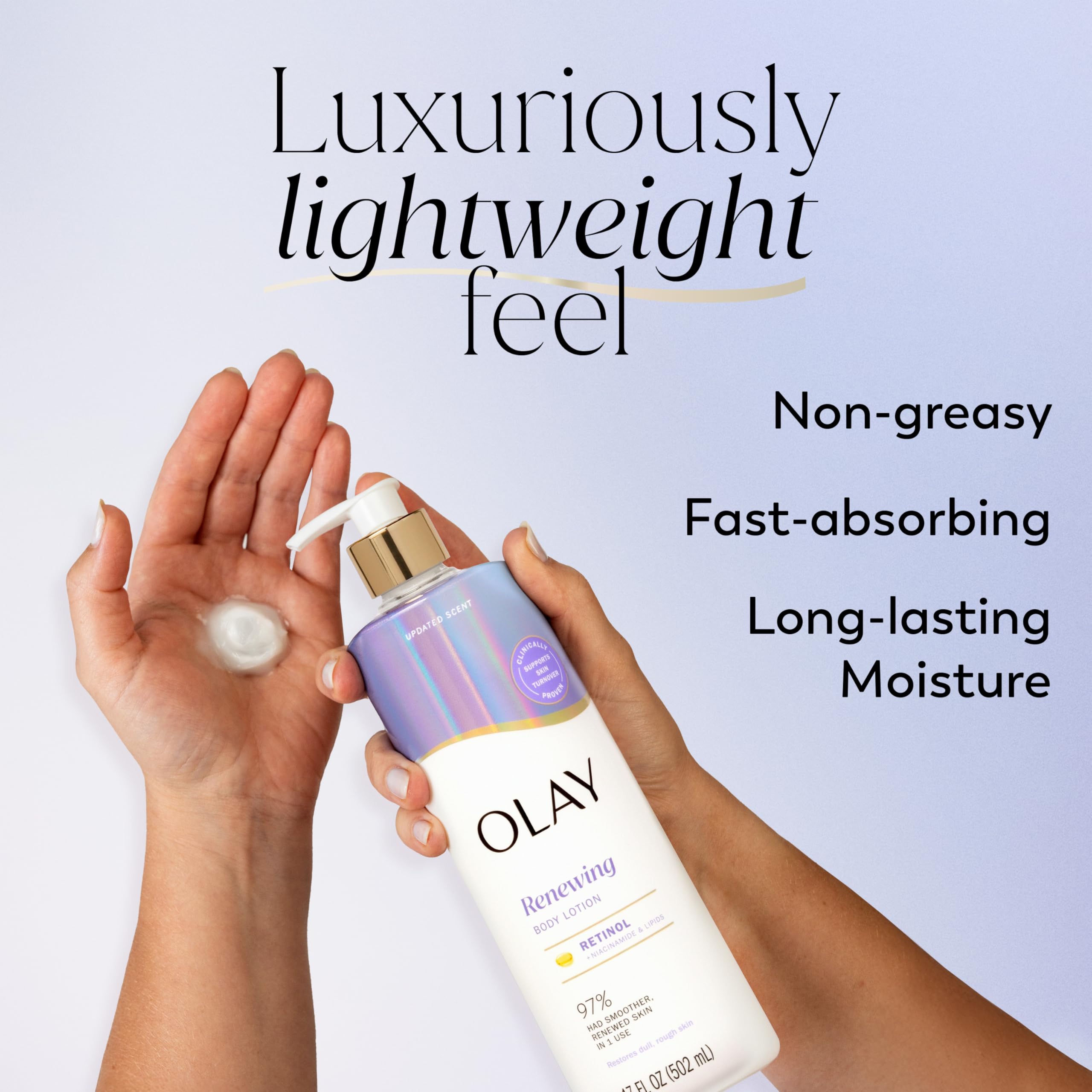 Olay Loción de absorción rápida, envase en uso para hidratación diaria.