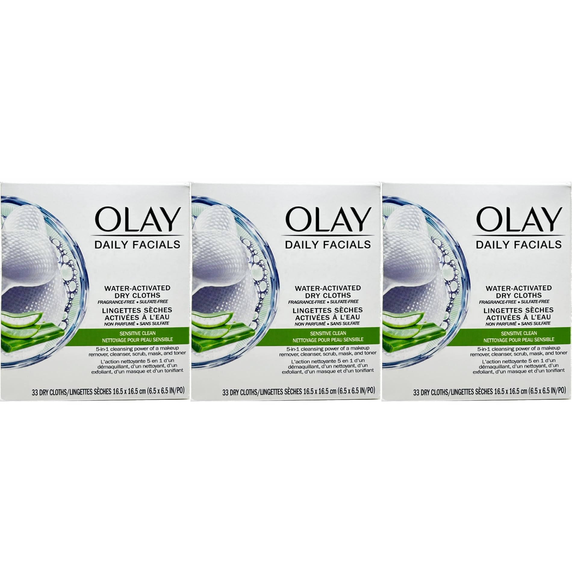 OLAY Daily Gentle Clean Cloths pack front, fragrance-free cleanse for sensitive skin.
