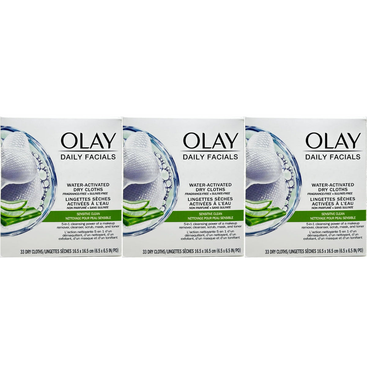 OLAY Daily Gentle Clean Cloths pack front, fragrance-free cleanse for sensitive skin.