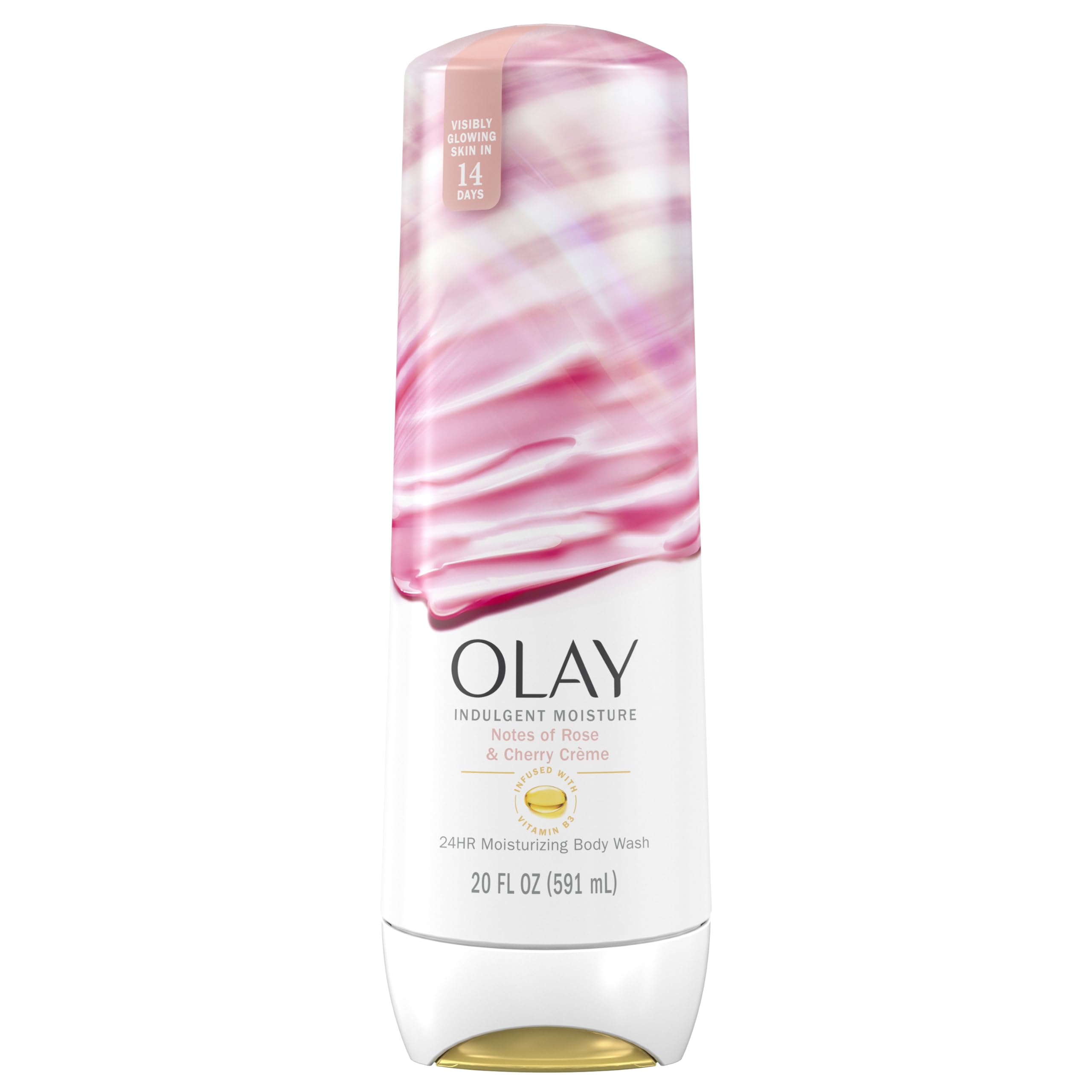 Olay Ducha Corporal Indulgente, botella visible, ofrece hidratación duradera para la piel.
